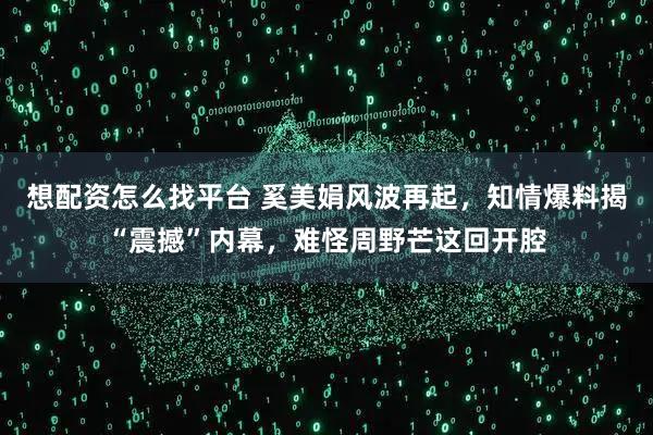 想配资怎么找平台 奚美娟风波再起，知情爆料揭“震撼”内幕，难怪周野芒这回开腔